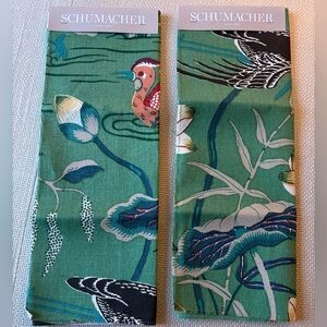 Two Schumacher Green Fabric Swatches Pattern Lotus Gardens